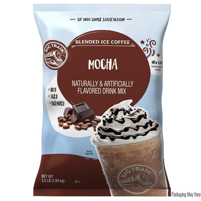 Bag of Blended Ice Coffee Mocha flavor with a cup of coffee on a white background