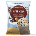 Packaging of Big Train Toffee Mocha blended ice coffee mix with a cup of coffee and toffee bits on a white background.
