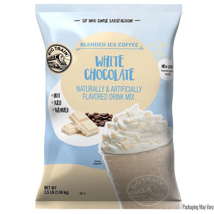 Packaging of Big Train White Chocolate Blended Ice Coffee drink mix on a white background