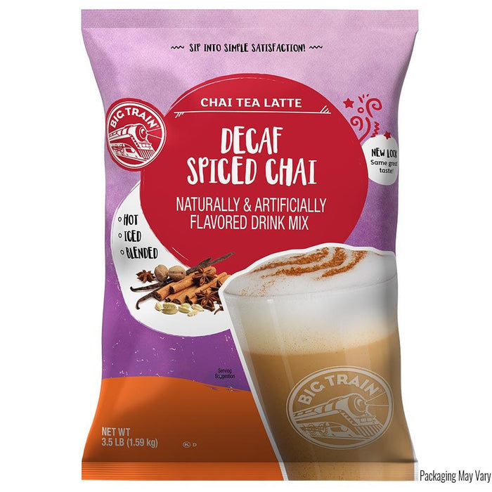 Decaf Spiced Chai drink mix package with Big Train logo on a white background