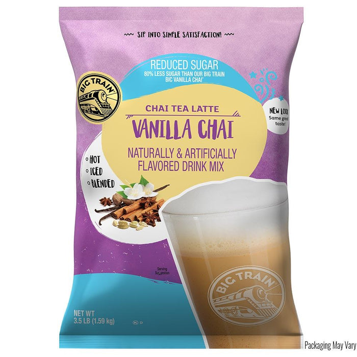 Packaging of Big Train Vanilla Chai Chai Tea Latte drink mix with a purple and blue design.