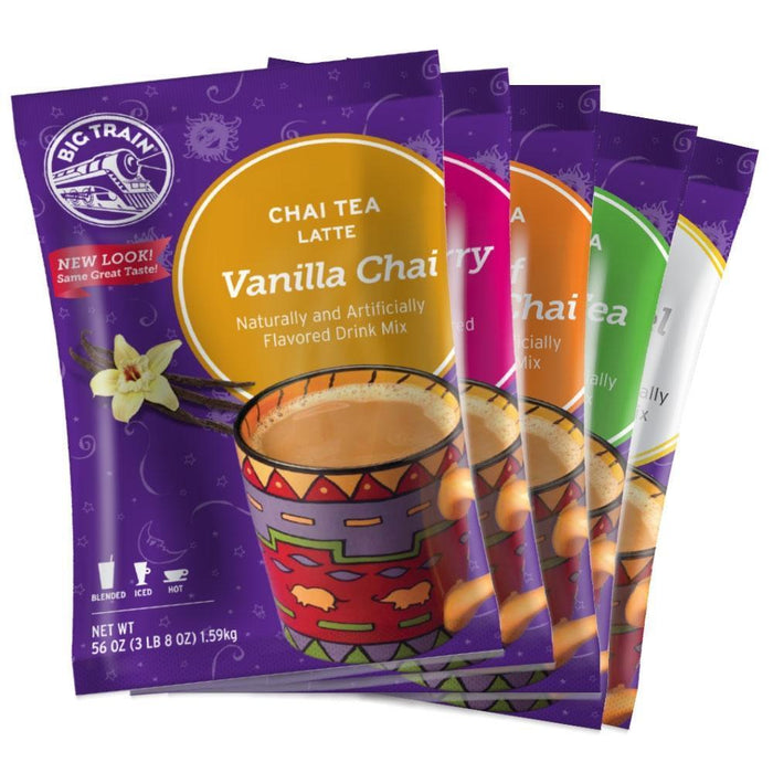 Set of 5 3.5 lb Bags Big Train Chai Tea Latte Assorted Flavors displayed on a white background
