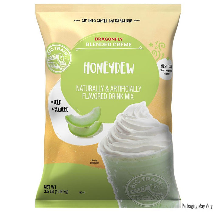 Packaging of Dragonfly Blended Creme Honeydew drink mix with a green and beige design.