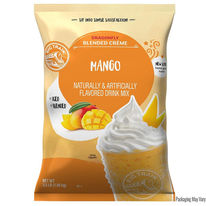 Packaging of Dragonfly Blended Creme Mango drink mix with mango illustration and branding.