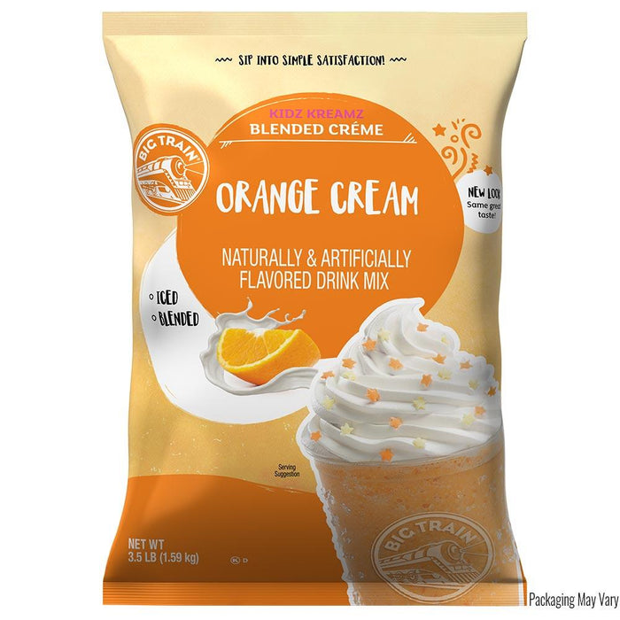 Front view of 3.5 lb Big Train Kidz Kreamz Blended Creme Orange Cream packaging displayed on a white background