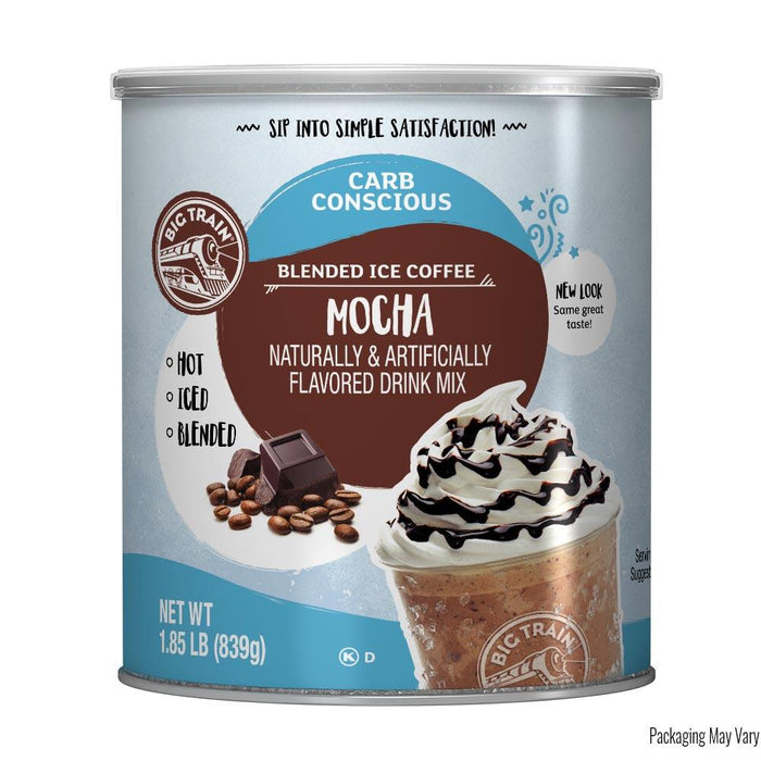 Can of Big Train Carb Conscious Mocha Blended Ice Coffee Mix on a white background