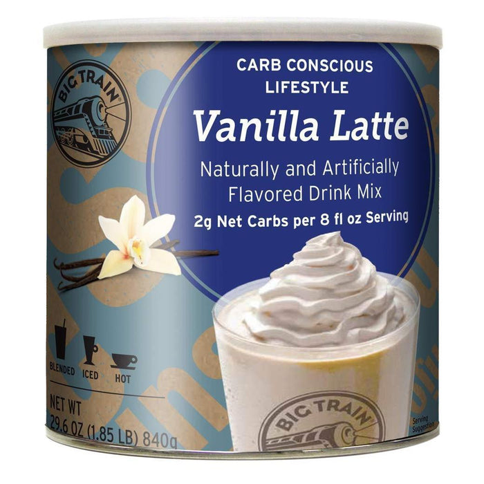 Can of Big Train Vanilla Latte drink mix with vanilla flower and whipped cream on label