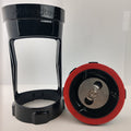 Blendtec blender jar with a red and black base on a white background