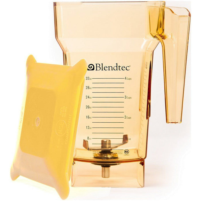 Yellow Blendtec FourSide Jar with Hard Lid on the side displayed on a white background