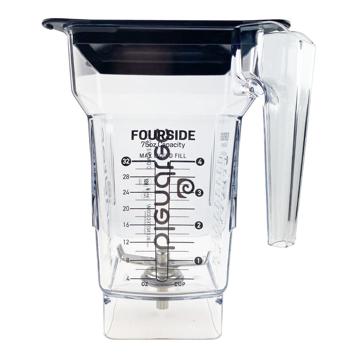 A clear, glass Blendtec FourSide blending jar with a hard lid and measurement markings.