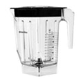 Side view of clear Blendtec wildside ultra jar with spout and hard black lid displayed on a white background