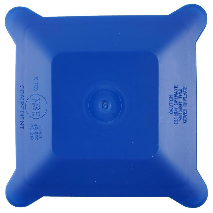 Top view of Blendtec blue hard lid for blender jars displayed on a white background