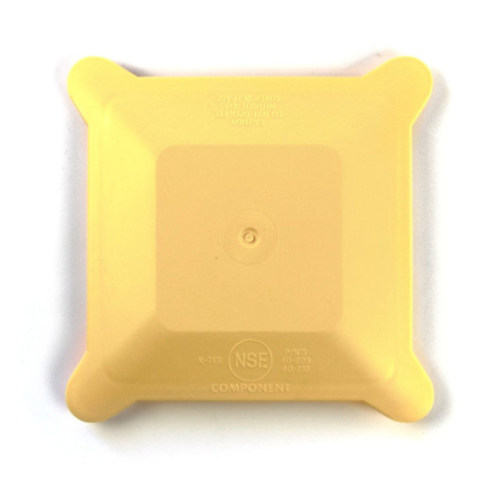 Top view of yellow Blendtec hard lid for commercial jars displayed on a white background