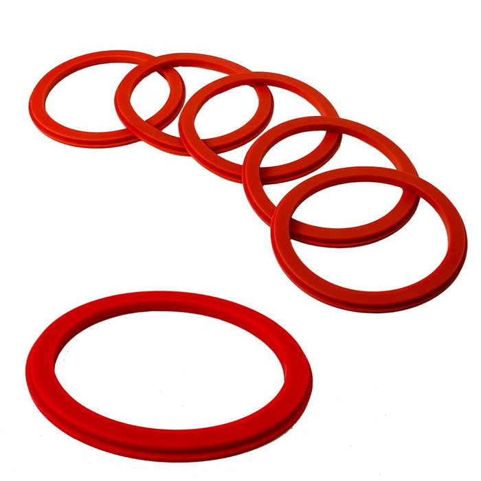 Red Blendtec replacement rubber gaskets on a white background