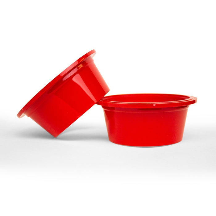 Set of 2 12 oz red Blendtec stealth nitro micronizer cup ring adapter displayed on a white background