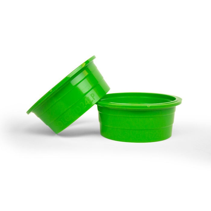 Set of 2 24 oz green Blendtec stealth nitro micronizer cup ring adapter displayed on a white background