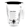 Front view of clear Blendtec WildSide+ Commercial Jar with black Soft Lid displayed on a white background