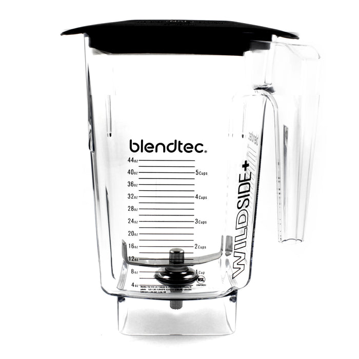 Front view of clear Blendtec WildSide+ Commercial Jar with black Soft Lid displayed on a white background
