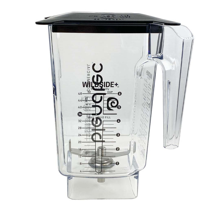 A clear Blendtec WildSide+ Commercial Jar with a hard lid and measurement markings.