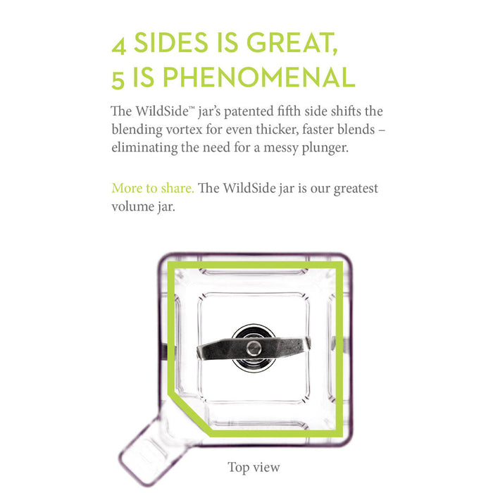 Top view of Blendtec wildside jar with description about 4 sides is great, 5 is phenomenal displayed on a white background