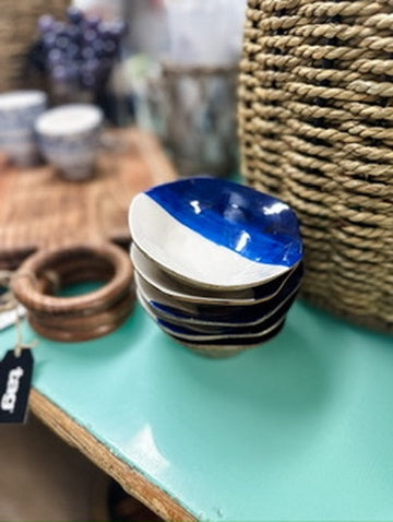 Blue enamel wood bowl. 4.75" diameter