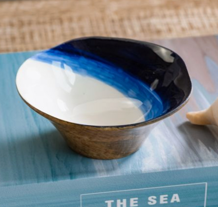 Blue enamel wood bowl. 4.75" diameter