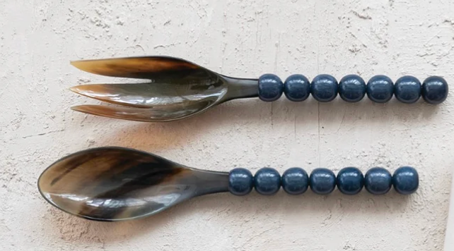 Blue Natural Horn Salad Servers with Resin Handles