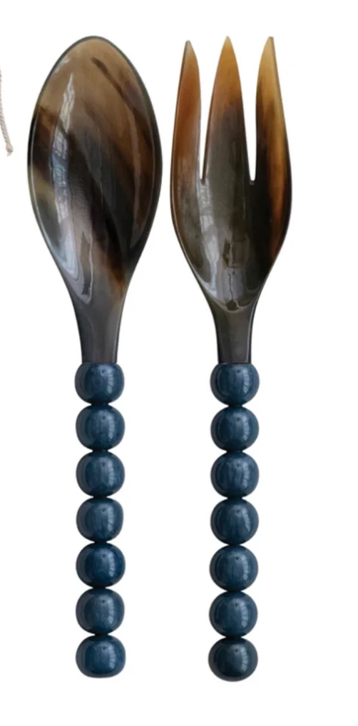 Blue Natural Horn Salad Servers with Resin Handles