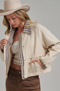 canvas twill jacket w/ gingham collar , oatmeal OR taupe