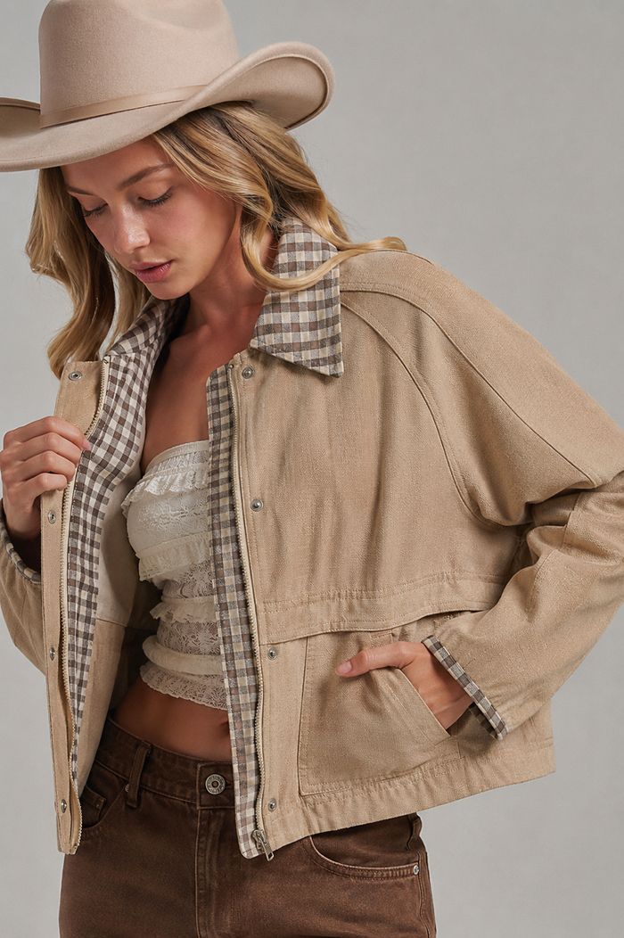 canvas twill jacket w/ gingham collar , oatmeal OR taupe