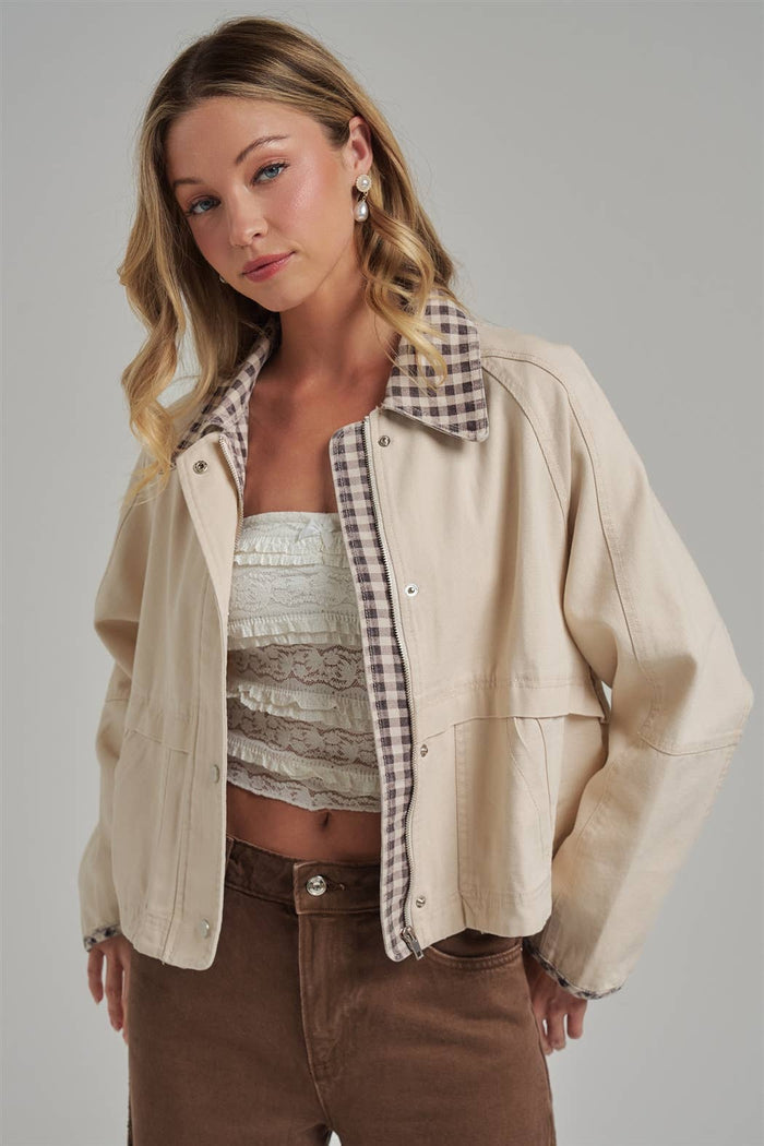 canvas twill jacket w/ gingham collar , oatmeal OR taupe