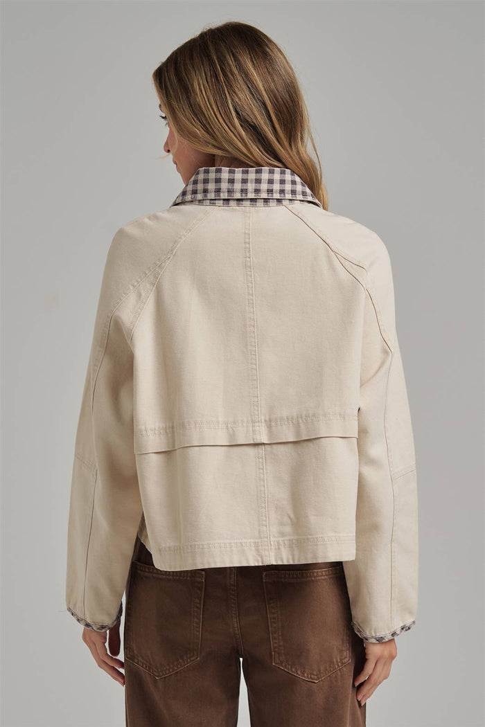 canvas twill jacket w/ gingham collar , oatmeal OR taupe