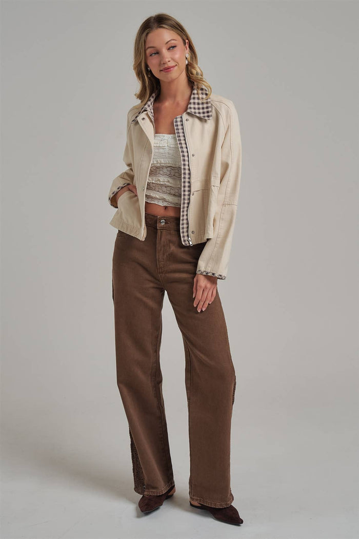 canvas twill jacket w/ gingham collar , oatmeal OR taupe