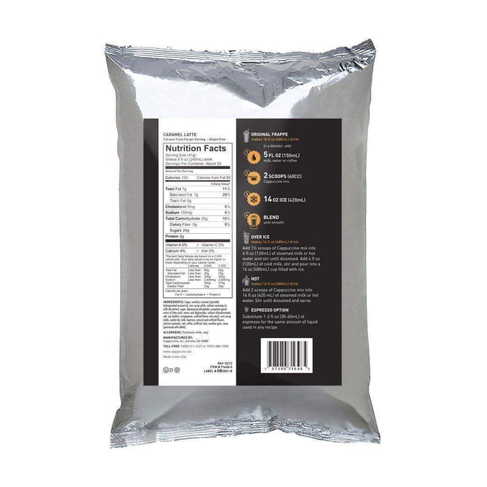 Back view of Cappuccine Blended Coffee Frappe Mix Caramel Latte with nutrition facts displayed on a white background