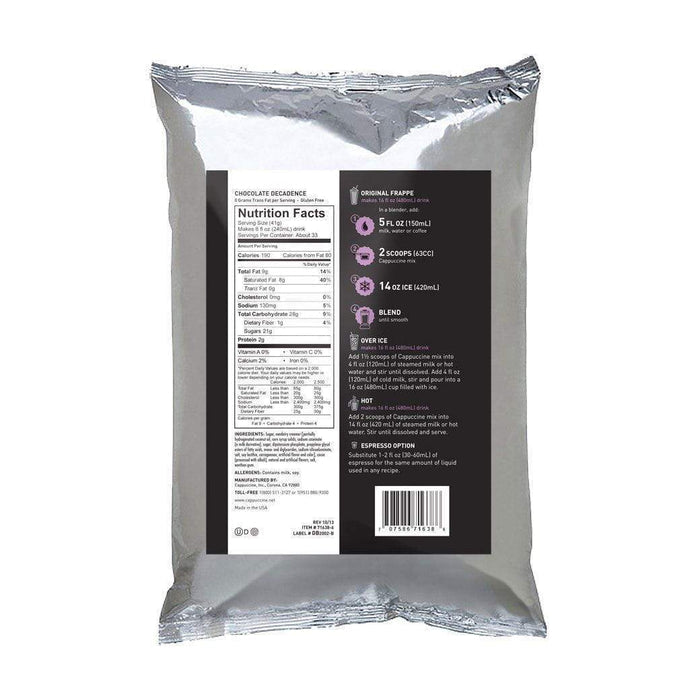 Back view of Cappuccine Blended Coffee Frappe Mix Chocolate Decadence with nutrition facts displayed on a white background