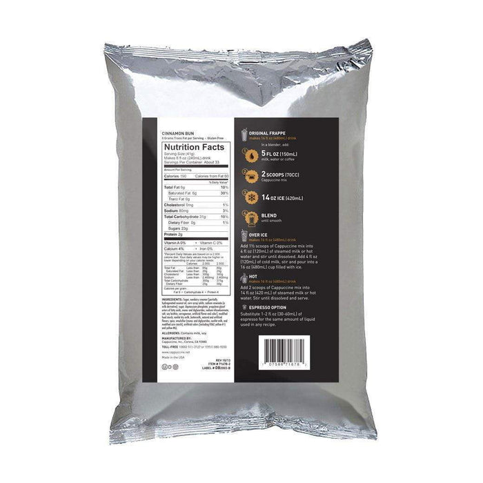 Back view of Cappuccine Blended Coffee Frappe Caramel Latte Ice with nutrition facts displayed on a white background