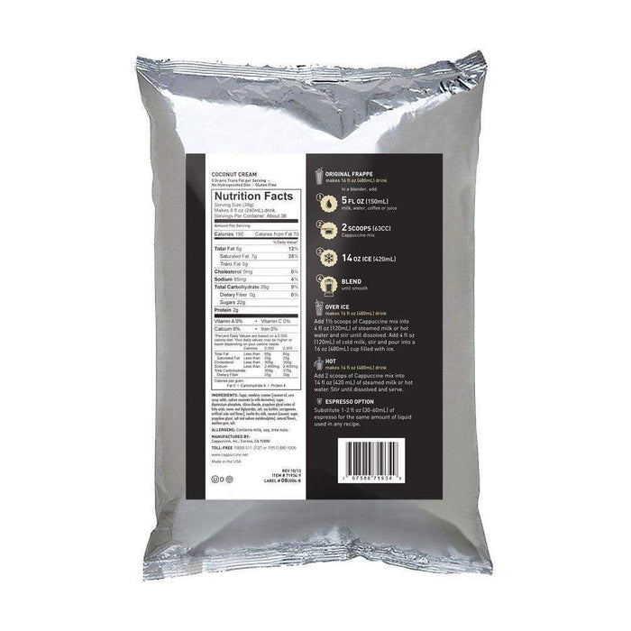 Back view of Cappuccine Blended Coffee Frappe Coconut Cream with nutrition facts displayed on a white background