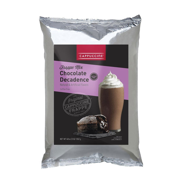 Front view of Cappuccine Frappe Mix Chocolate Decadence displayed on a white background