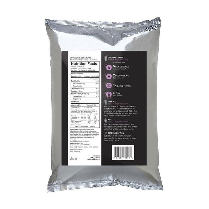 Back view of Cappuccine Frappe Mix Chocolate Decadence with nutrition facts displayed on a white background