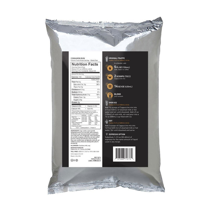 Back view of Cappuccine Frappe Mix Cinnamon Bun with nutrition facts displayed on a white background