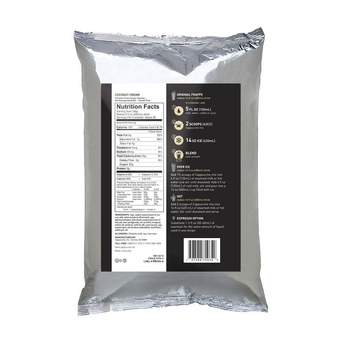 Back view of Cappuccine Blended Creme Frappe Coconut Cream with nutrition facts displayed on a white background