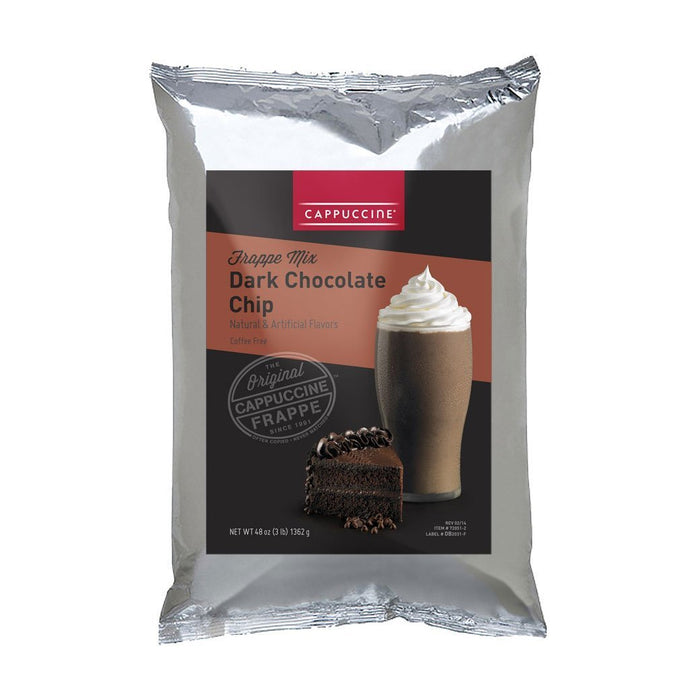 Front view of Cappuccine Frappe Mix Dark Chocolate Chip displayed on a white background