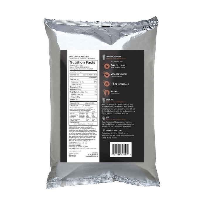Back view of Cappuccine Frappe Mix Dark Chocolate Chip with nutrition facts displayed on a white background