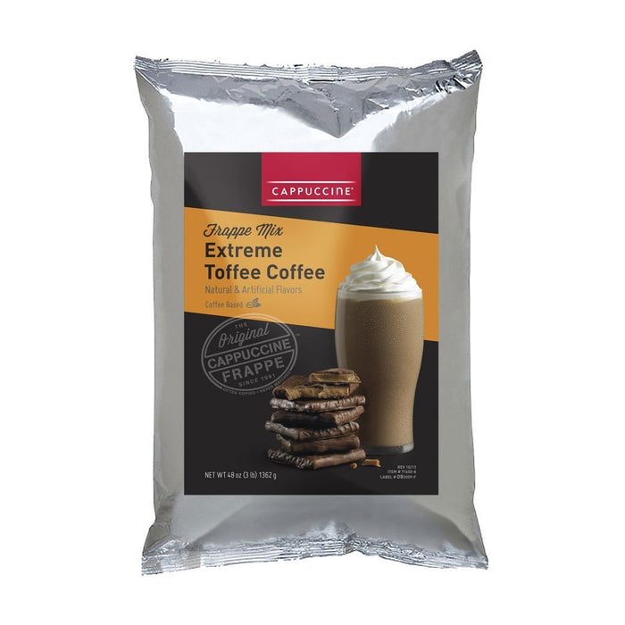 Front view of Cappuccine Frappe Mix Extreme Toffee Coffee displayed on a white background