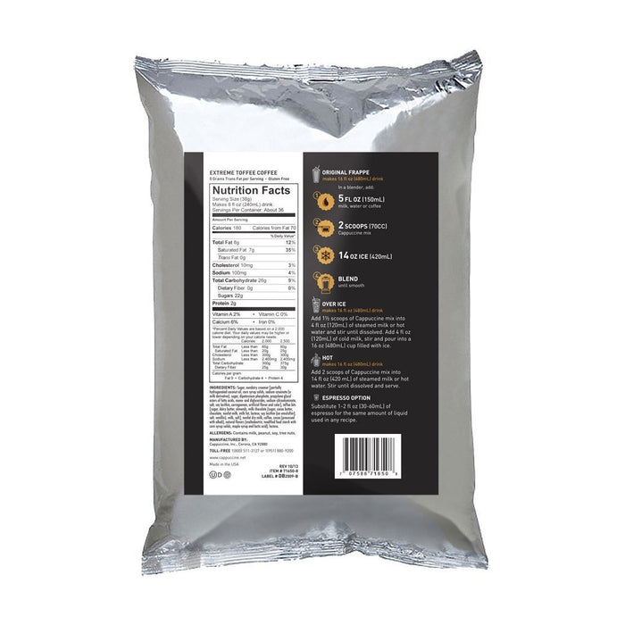 Back view of Cappuccine Frappe Mix Extreme Toffee Coffee with nutrition facts displayed on a white background