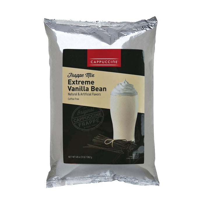 A sealed package of Cappuccine Extreme Vanilla Bean frappe mix with a picture of a vanilla bean drink on the label.