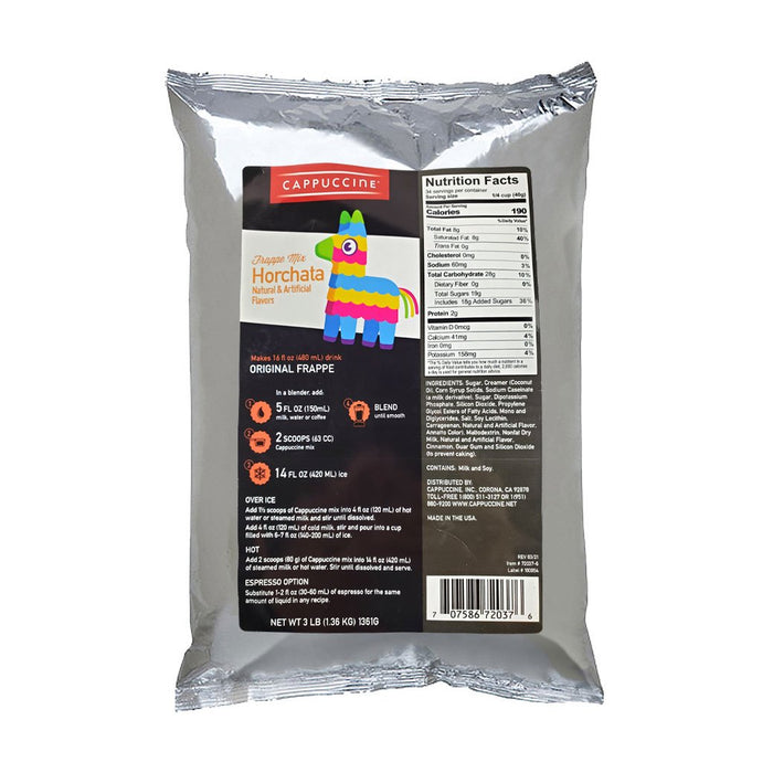 Cappuccino Horchata frappe mix packaging with nutrition label and colorful donkey illustration.