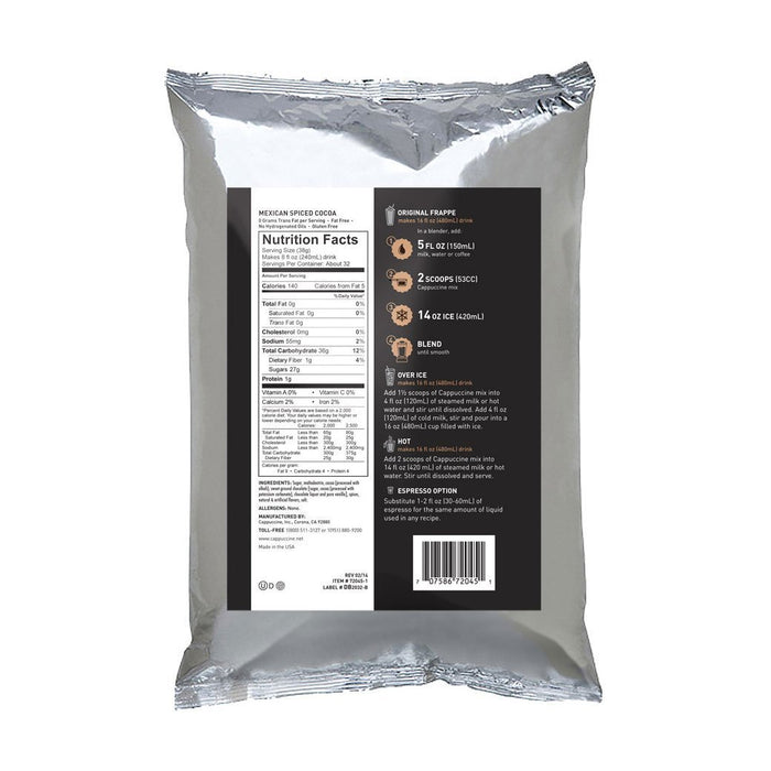 Back view of Cappuccine Frappe Mix Mexican Spiced Cocoa with nutrition facts displayed on a white background
