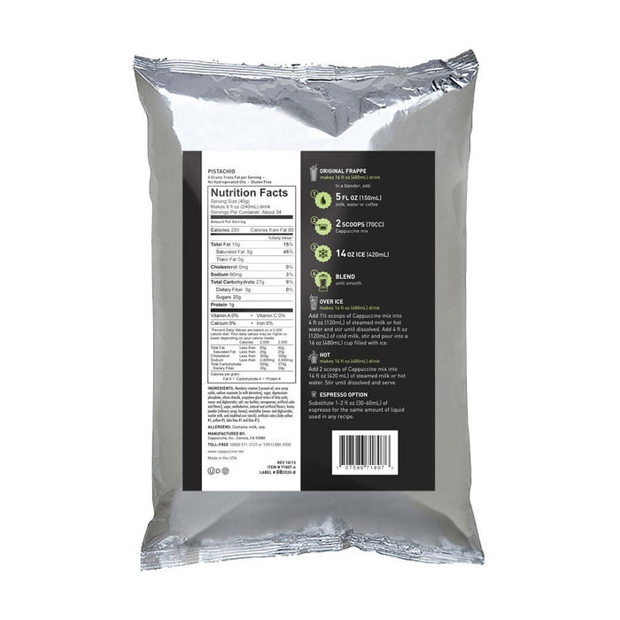 Back view of Cappuccine Frappe Mix Pistachio with nutrition facts displayed on a white background