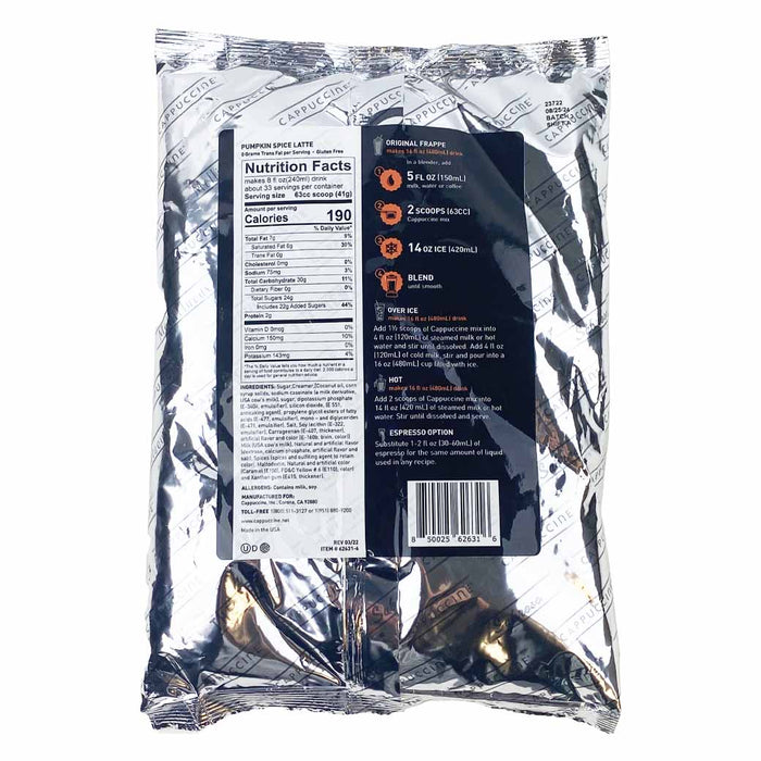 Back side of pumpkin spice latte Cappuccine with nutrition facts label displayed on a white background